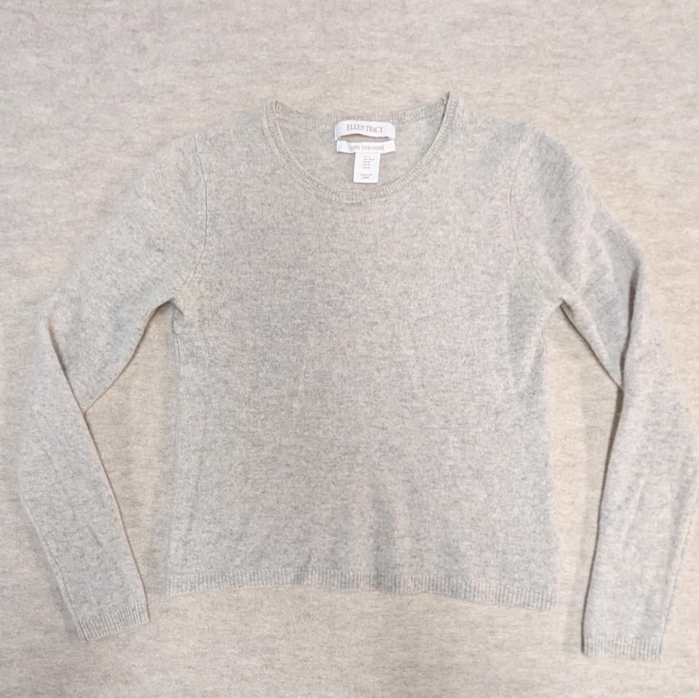 Ellen Tracy Cashmere Heather Oatmeal Cream Cropped Long Sleeve Sweater Med
